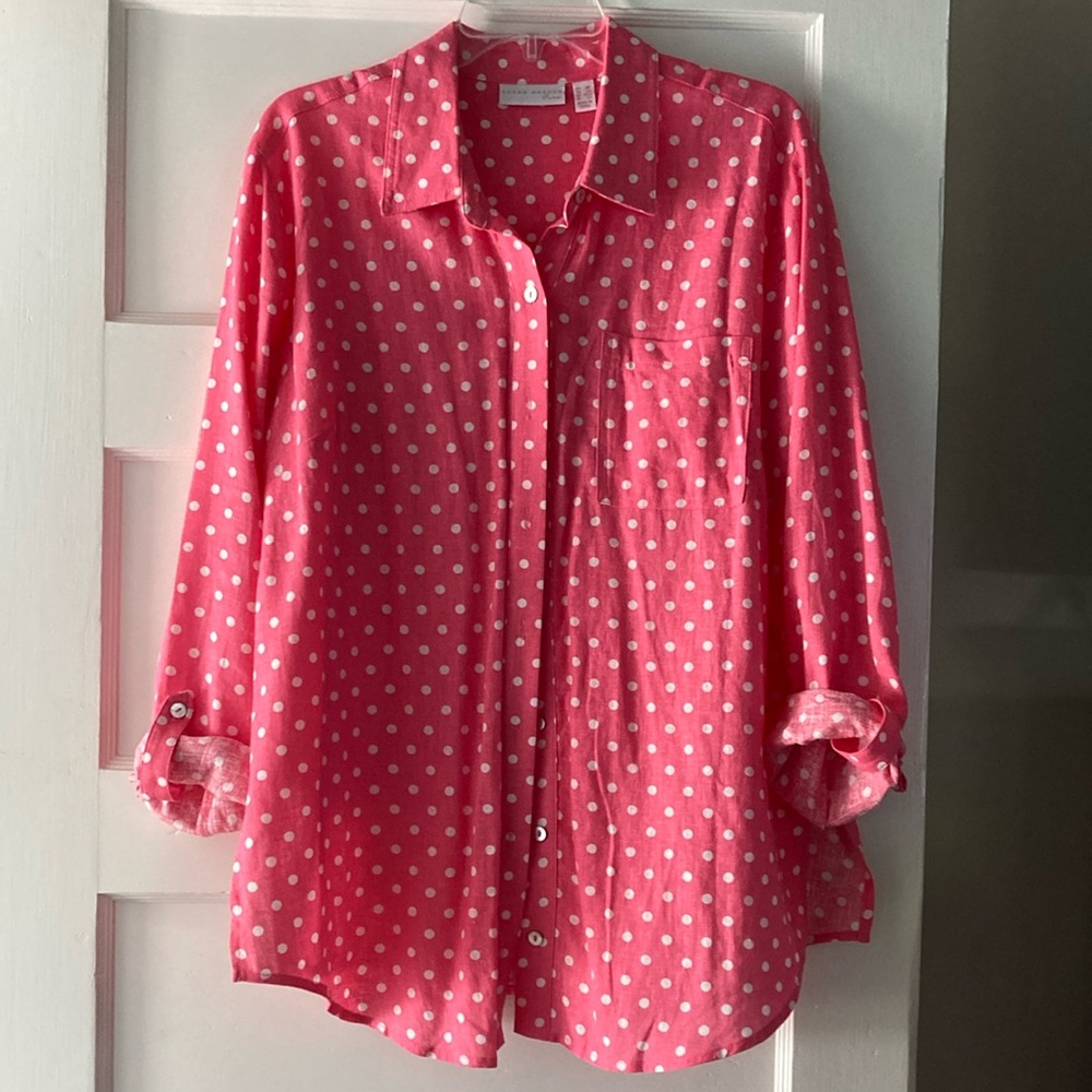 Susan Graver Pink Polka Dot Top Medium Petite Blouse